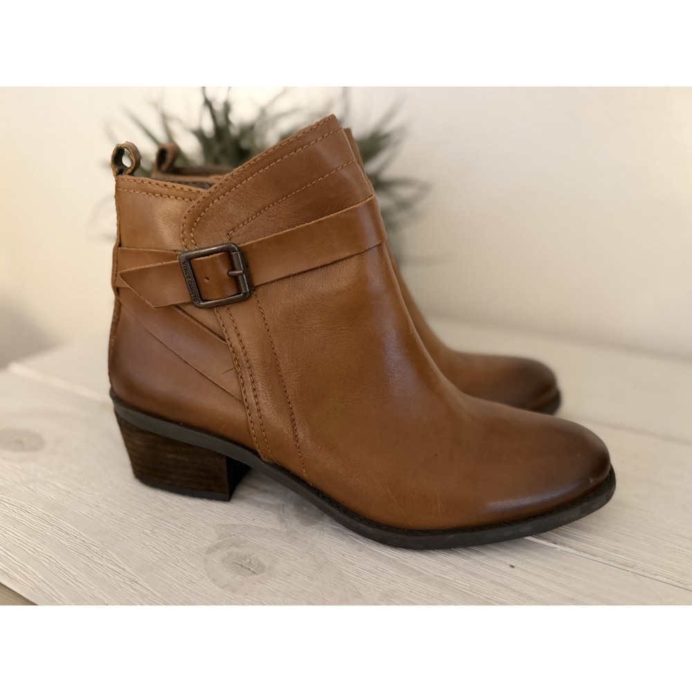 Vince Camuto Brown Leather Ankle Boots Women 9.5 Beamer Block Heel Burnished Toe
